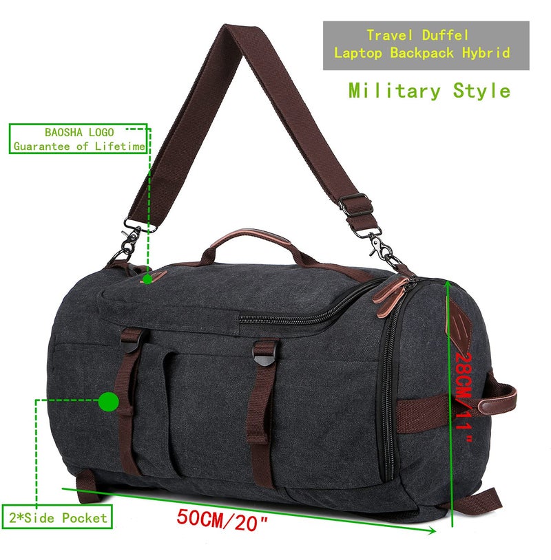 BAOSHA Canvas Weekender Travel Duffel Backpack Hybrid Hiking Rucksack Laptop Backpack for Outdoor Sports Gym HB-26(Black) - Image 4